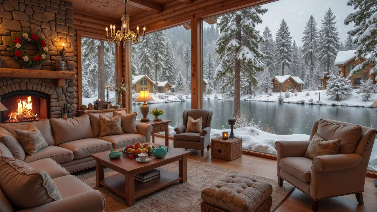 Cozy Winter by the Lake ❄️ Soft Piano & Fireplace Ambience for Relaxation and Focus