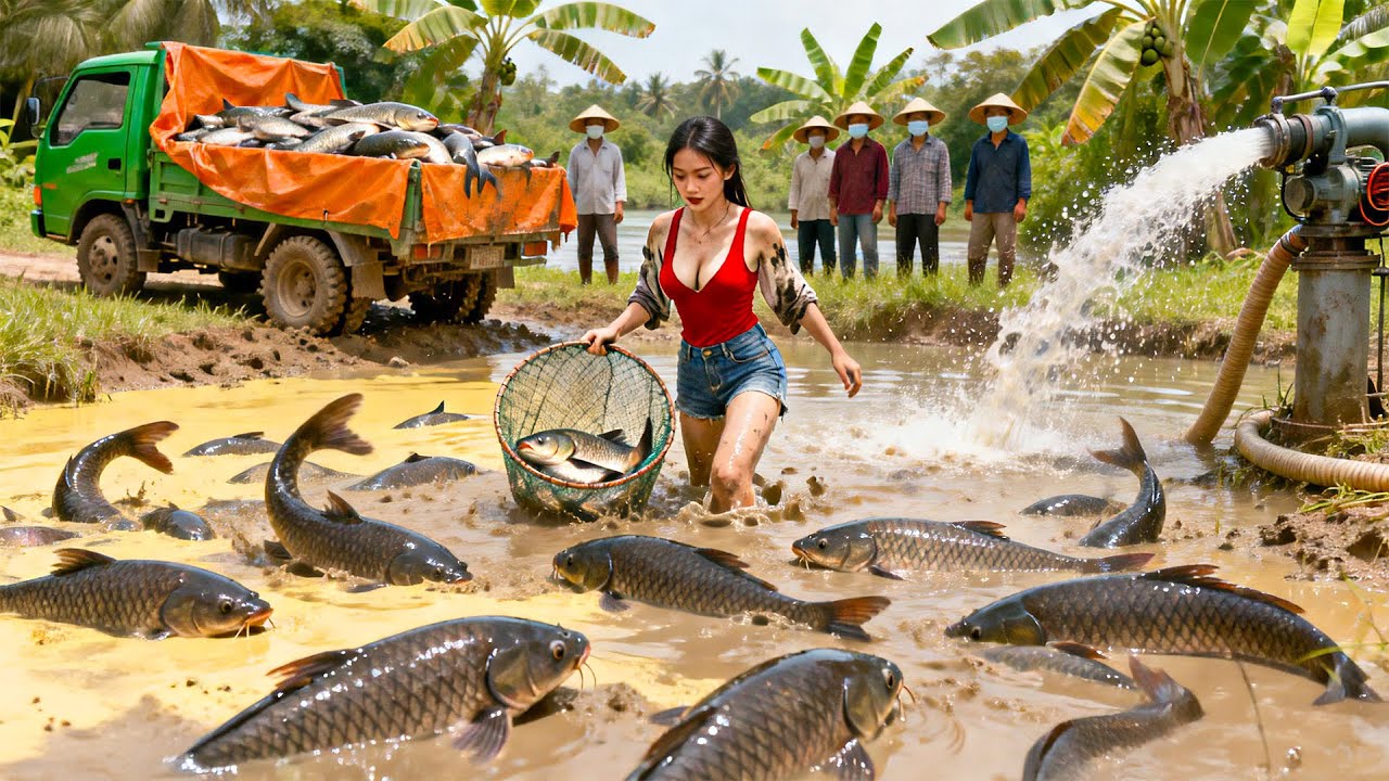 Use High Capacity Pump to Drain Fish Pond - Harvesting 1000+ Giant Catfish, Go to Market Sell