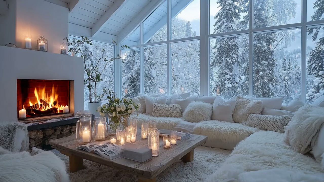 🕯️🎼 Cozy Winter White Piano Room with Gentle Fire and Blooming Flowers for 3 Hours Calm