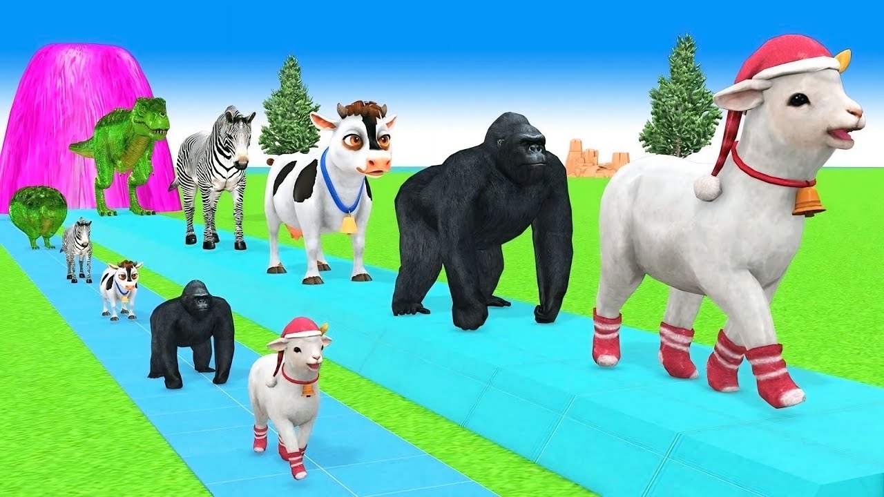 Long Slide Game With Cow Elephant Gorilla Hippopotamus Tiger - 3d Animal Game - Funny 3d Animals