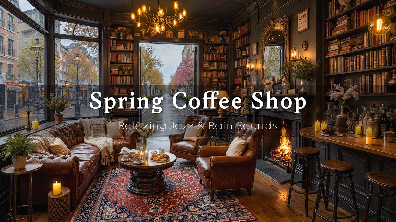 Jazz Relaxing Music in Cozy Spring Coffee Shop Ambience ☕ Soothing Jazz Piano & Rain Sounds for Work