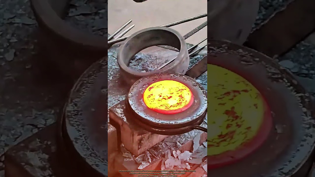 Une presse hydraulique fa&ccedil;onne l'acier chaud en composants de pr&eacute;cision.