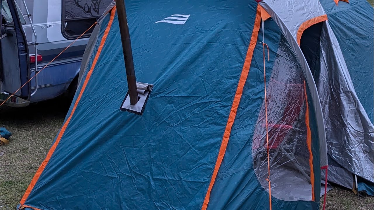 Installing a stove jack on a tent with hot glue