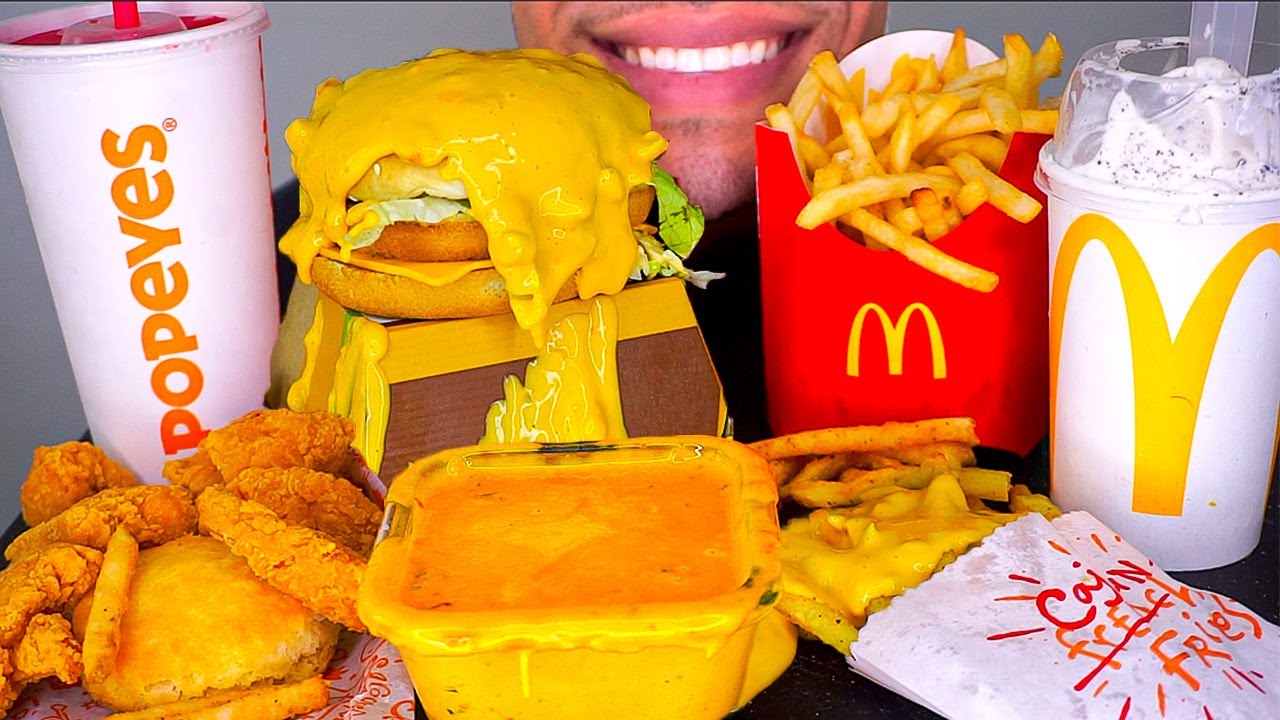 ASMR MCDONALDS VS POPEYES CHEESE SAUCE MUKBANG NO TALKING EATING SHRIMP FRIES BIG MAC BIG BITES MCFL