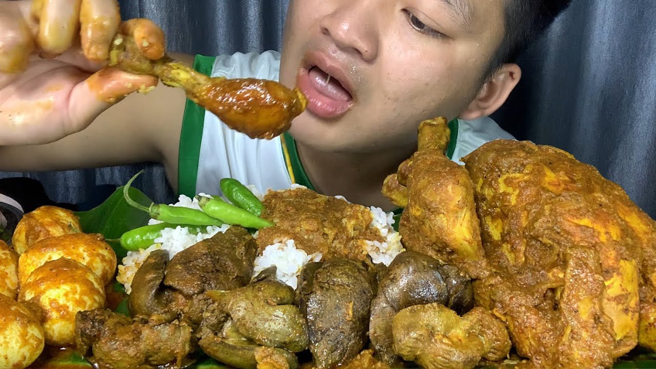 EATING WHOLE ROSTED CHICKEN MASALA & CHICKEN GIZZARD & LIVER & EGG CURRY & GREEN CHILLI & SALADS ||