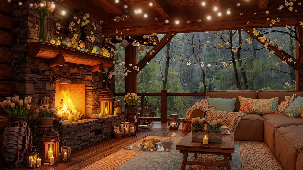 Easter Day Fireplace Ambience 🐰 Crackling Fireplace and Rain Sounds for Sleep Instantly