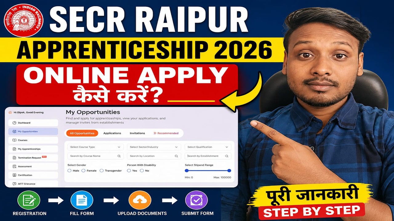 SECR Railway Apprenticeship 2026 Online Form Kaise Bhare !SECR RAIPUR Apprenticeship 2026 Form Apply