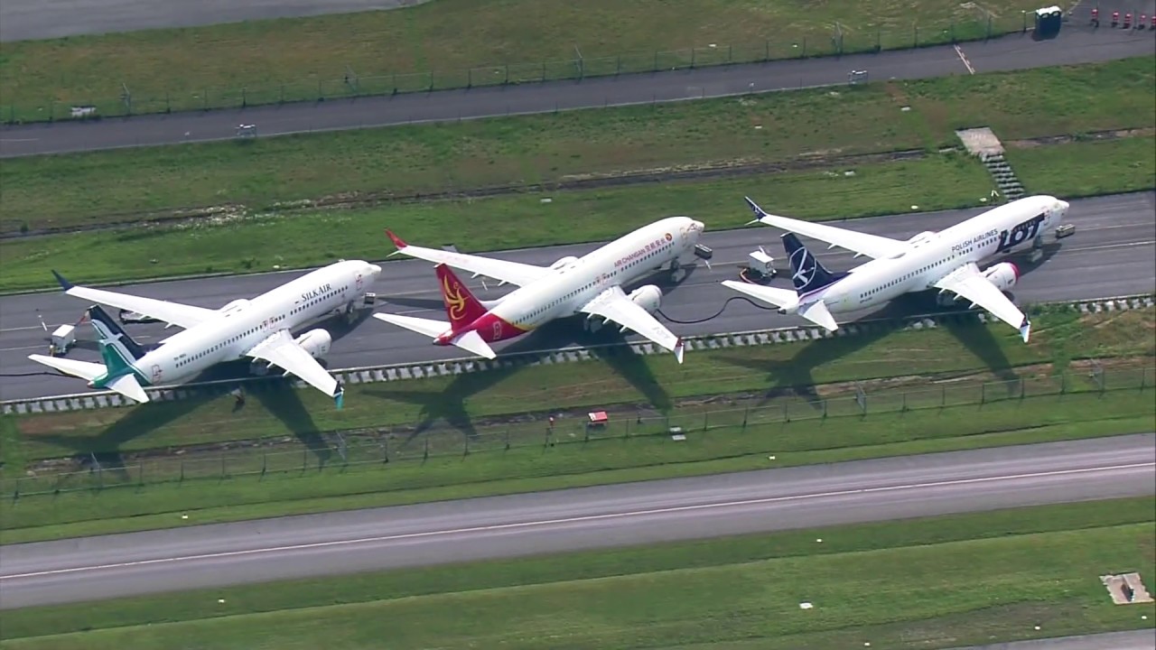 Aerials of Boeing 737 MAX planes still grounded at Everett's Paine Field in June 2019