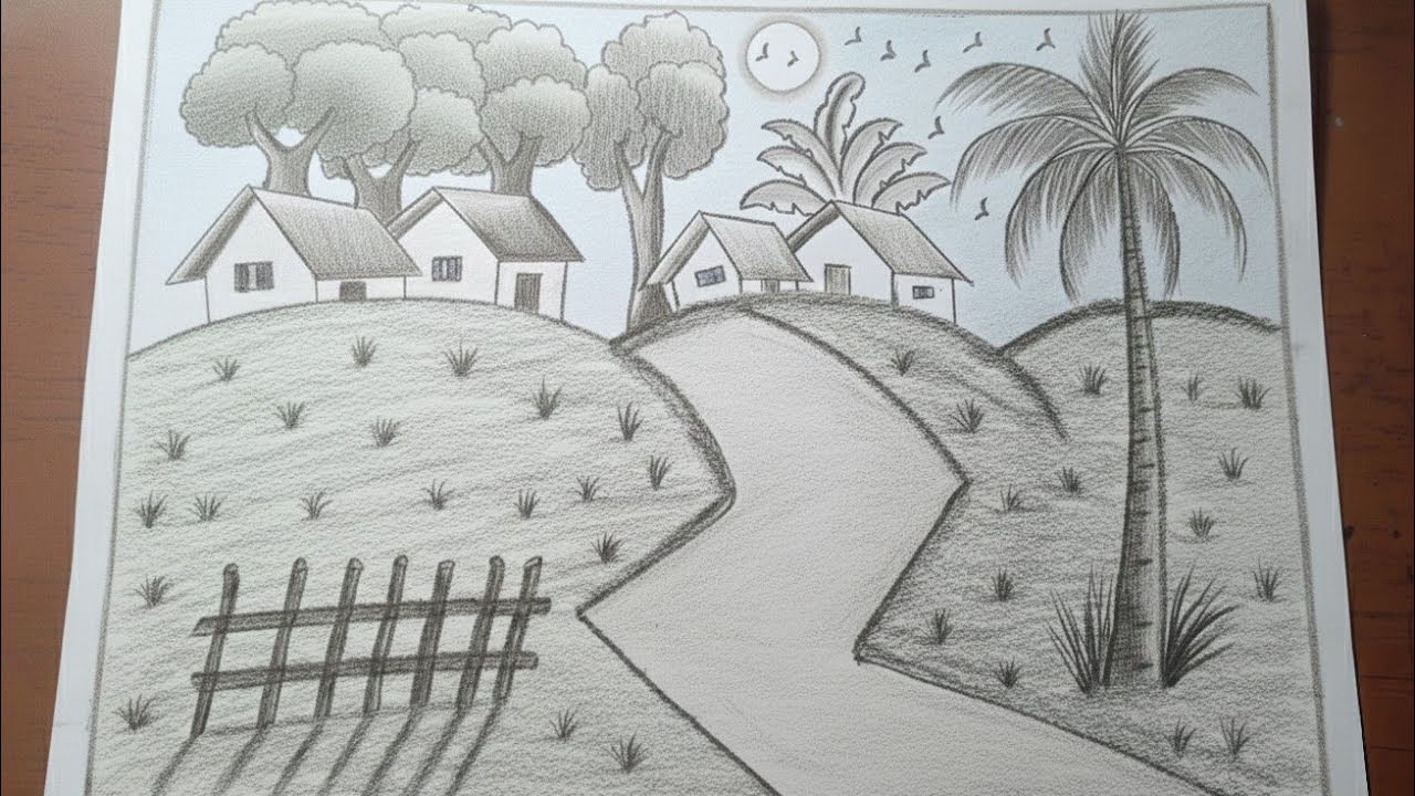 How to draw scenery with pencil sketch/Sundar prakritik drishya/Beautiful village drawing pencil