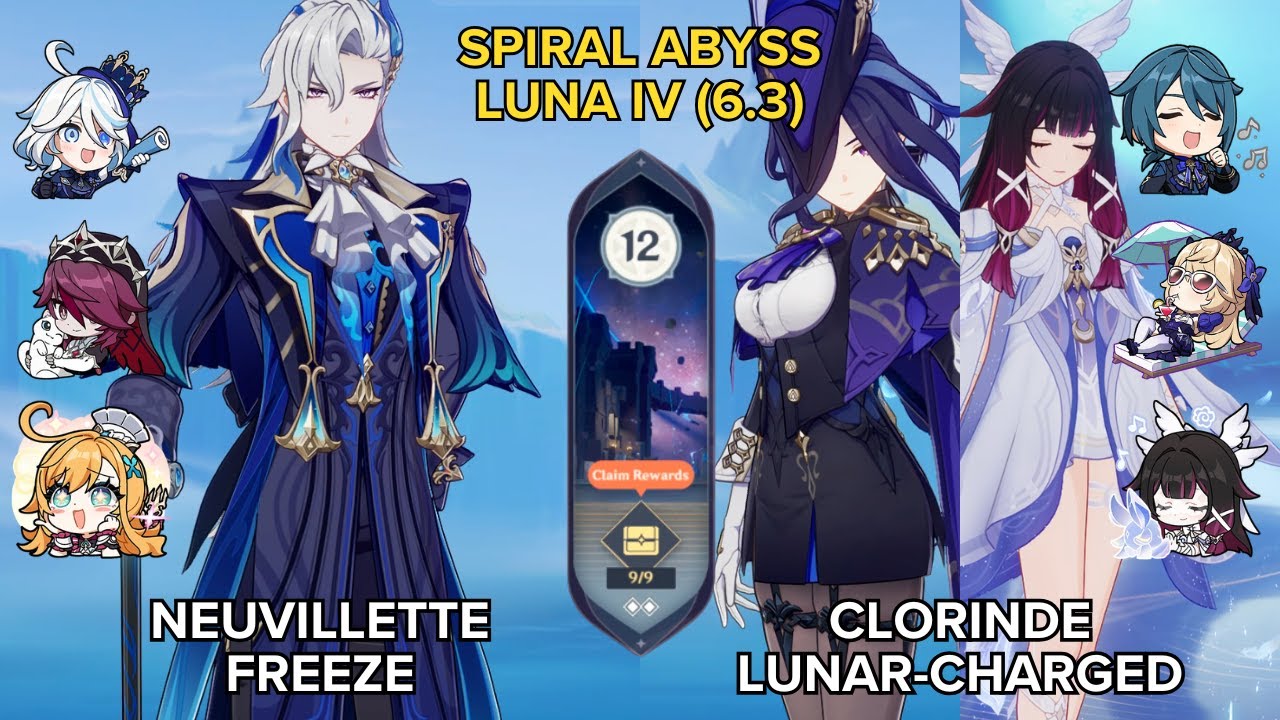 SPIRAL ABYSS Luna IV (6.3) Neuvillette Freeze & Clorinde Lunar-Charged - F12 - 9⭐ | Genshin Impact