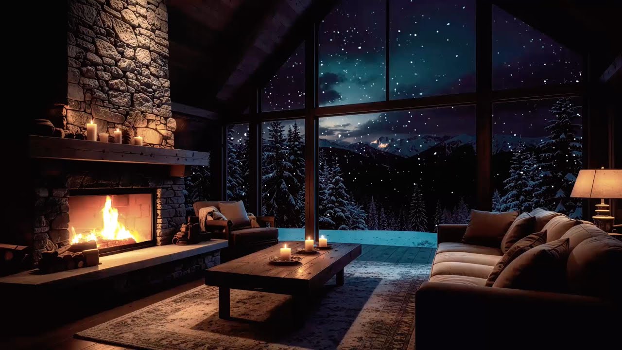 Cozy Winter Cabin Ambience ❄️ Warm Piano Jazz Music & Crackling Fireplace to Relax, Study, Work 