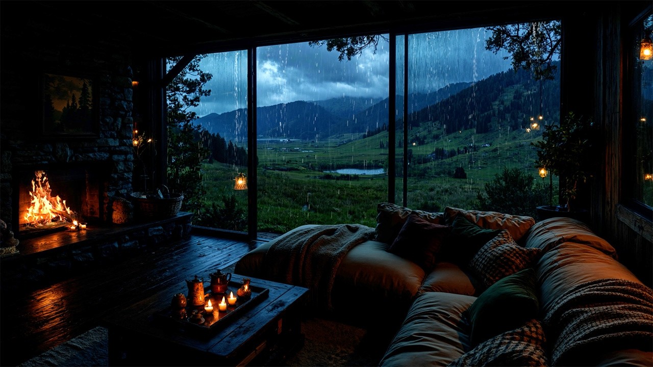 Heavy Rain Forest on Windows of Cozy Attic Bedroom at Night w/ Fireplace - Rain Sounds for Sleeping