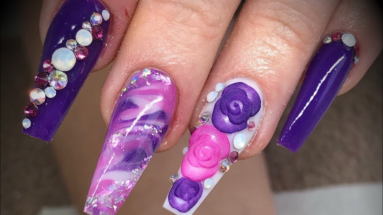 Acrylic nails - purple design set with crystals & 3d flowers