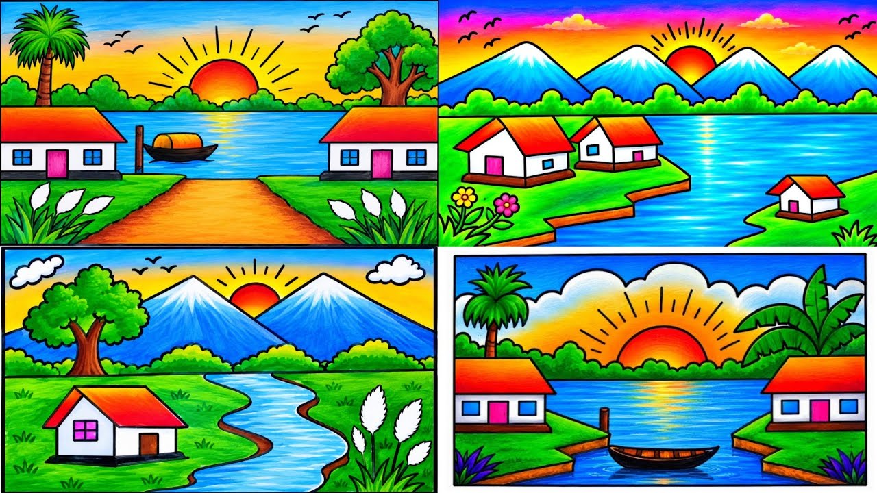 Easy River Scenery drawing with Boat | Beautiful Village Landscape Drawing Step by Step | ছবি আঁকা