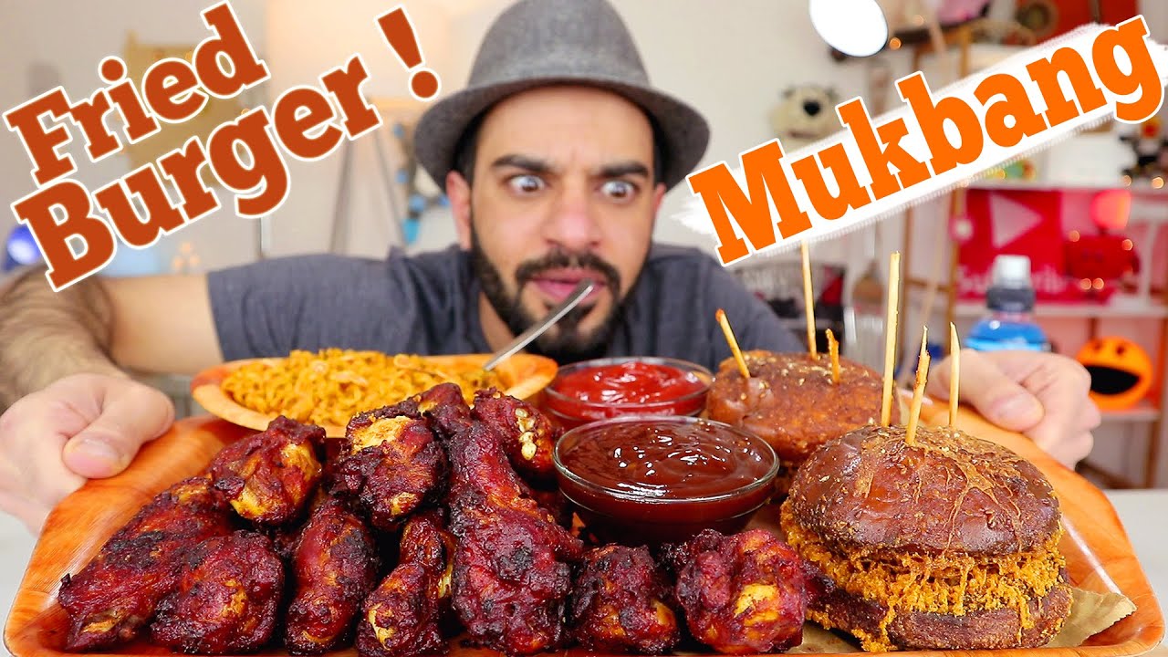 موكبانغ البرغر المقرمش واجنحة دجاج مدخنة حارة ونودلز كوري جديد Deep Fried Cheeseburger Mukbang ! 먹방