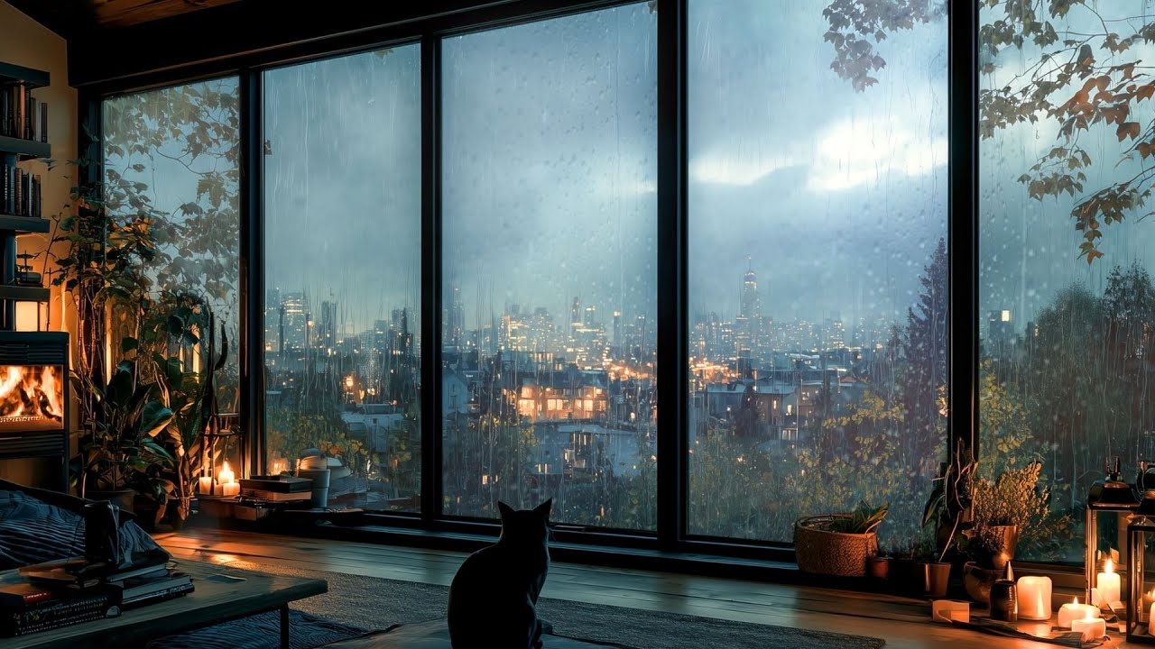 Rain on Window, Crackling Fireplace & Soft Noise ASMR | Black Cat Night View 3H Study&Focus Ambience