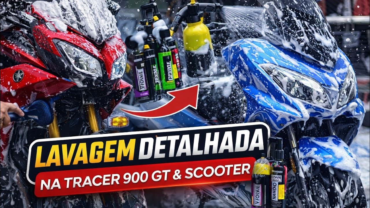 Lavagem detalhada na Tracer 900 GT e na scooter. Espuma, cuidado e brilho total! 🧼✨