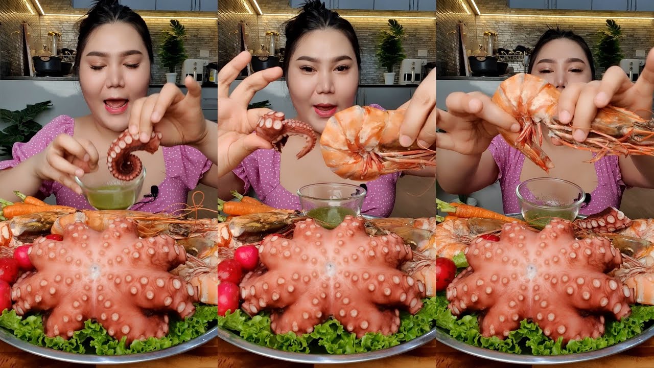 หมึกทาโกะยักษ์ VS กุ้งลายเสือนึ่ง น้ำจิ้มซีฟู๊ดสูตรแซ่บ | ไอซ์ซี่ กินยั่ว