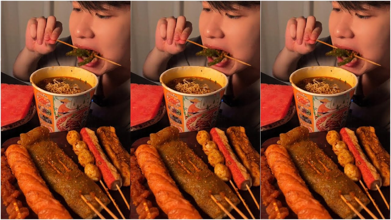 ASMR MUKBANG  EATING SPICY NOODLES, FRIED CHICKEN