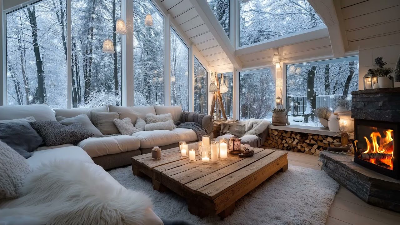 ❄️🔥 Winter Piano Retreat with Falling Snow | Cozy Fireplace Atmosphere for Calm Mind, Focus