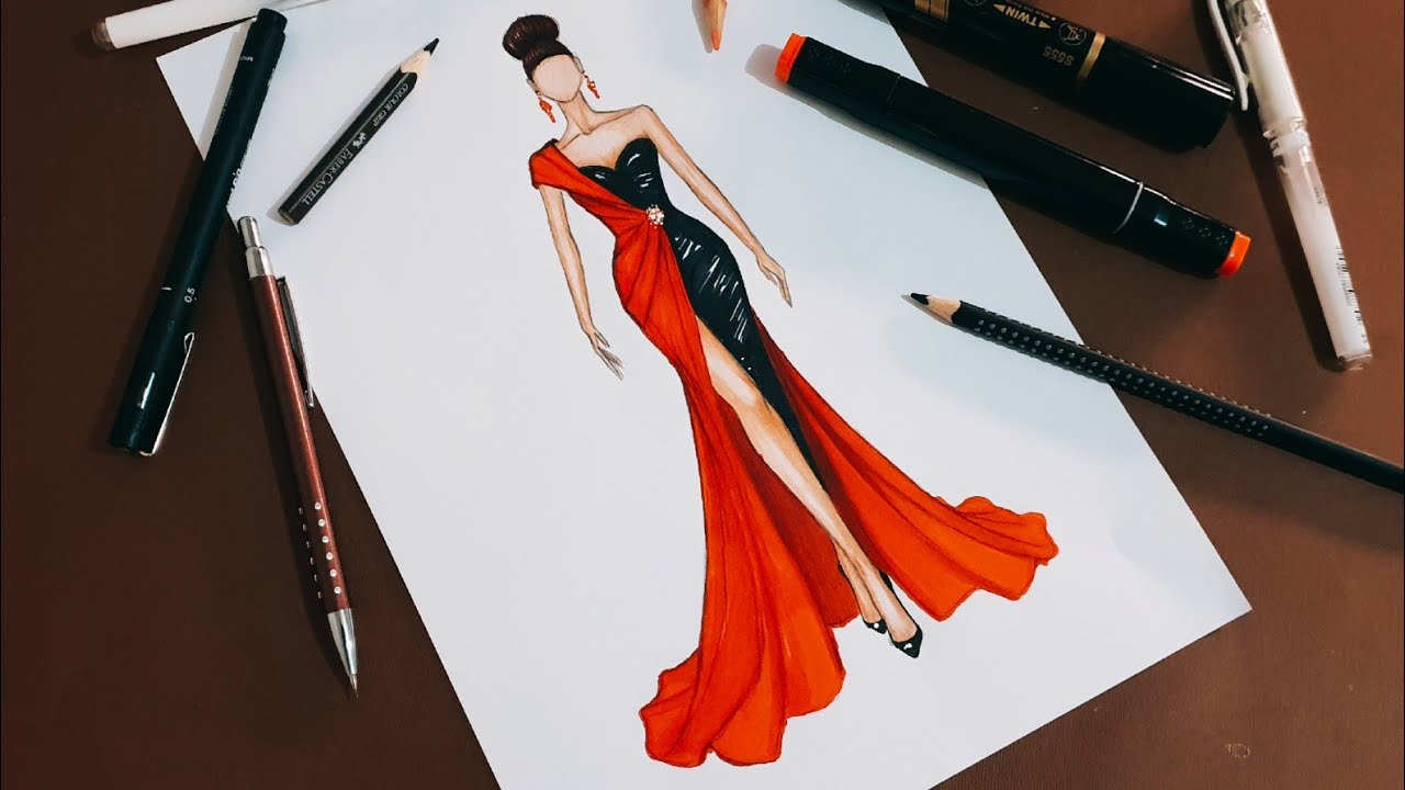 تعلم رسم فستان سهرة سهل للمبتدئين | how to draw dress sketching & coloring tutorial /fashion