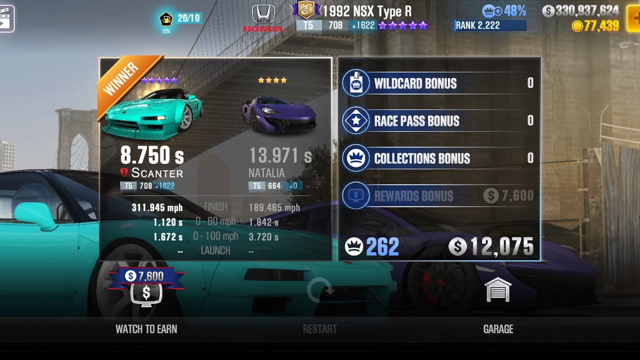 CSR2 - 1992 NSX Type R (tires stock) (1/2 mile) - tune & shift for Tournaments (day 2) - 8.750