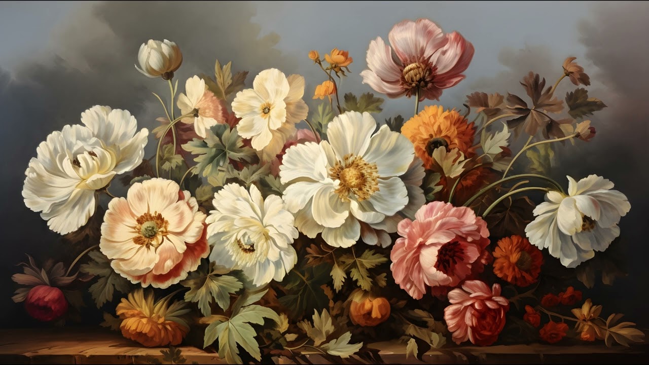 Large Vintage Peonies, Rustic Moody Oil Painting | Floral Art Screensaver for TV