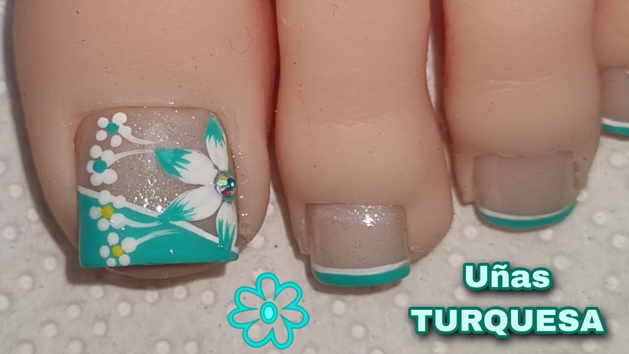 UÑAS TURQUESA! DISEÑO DE UÑAS PARA PIE | DECORACIÓN DE UÑAS BLANCO TURQUESA | UÑAS DECORADAS FLORES