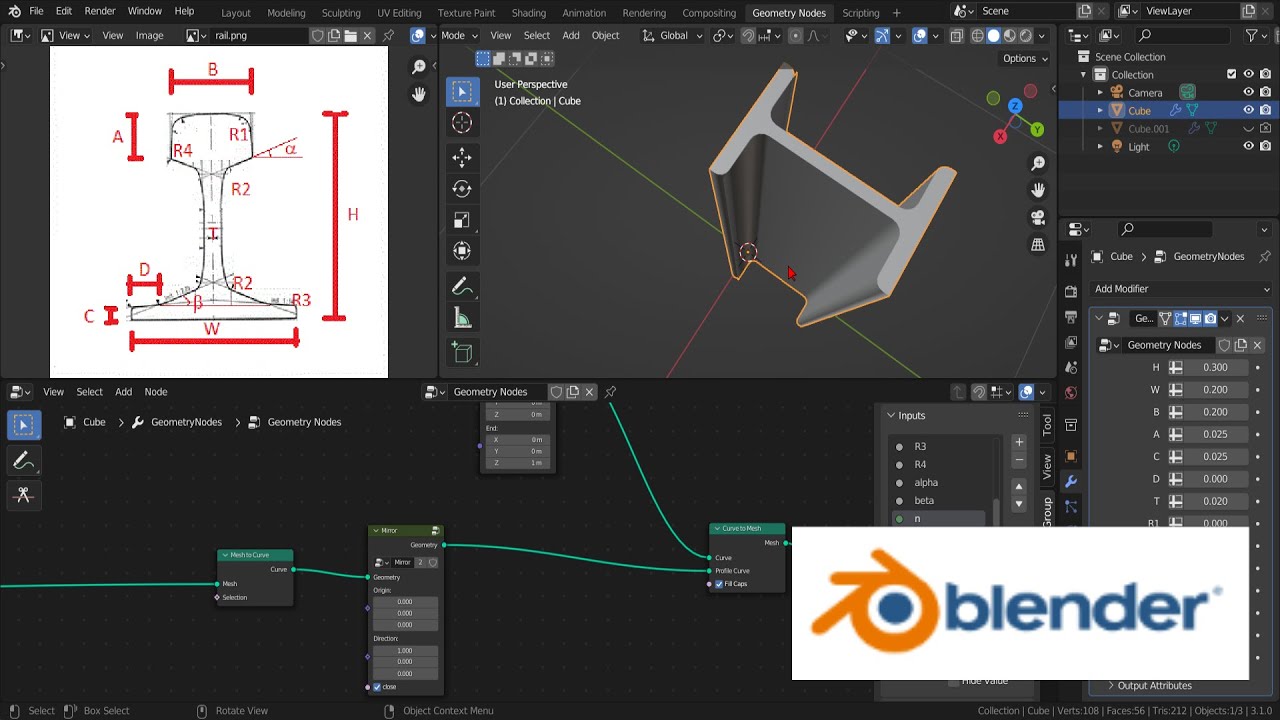 Blender tutorial - parametric rail profile with geometry nodes