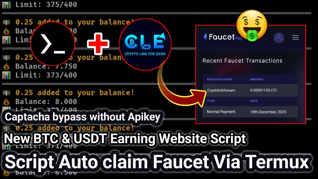 Nuyul BTC & USDT Earning Website Script - Auto Claim Faucet Via Termux No apikey Need captcha Bypass