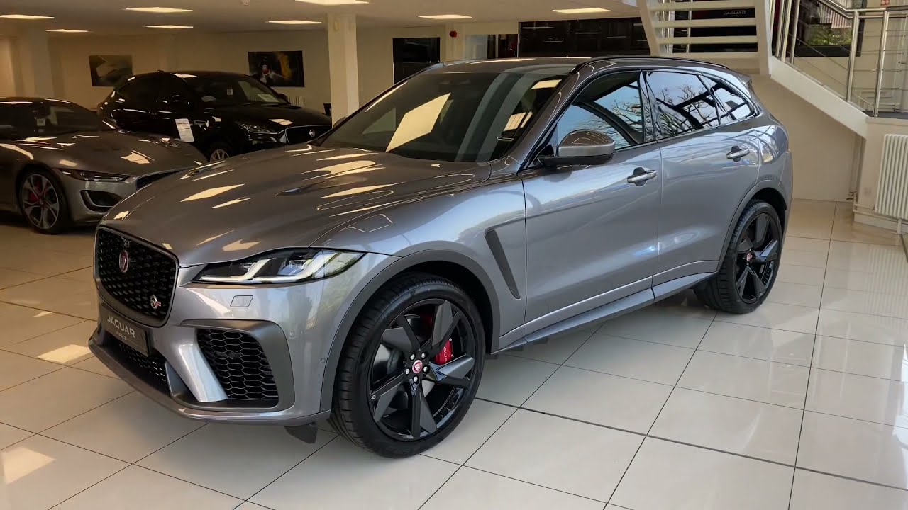 2021 F-PACE SVR IN EIGER GREY WITH MARS RED INTERIOR