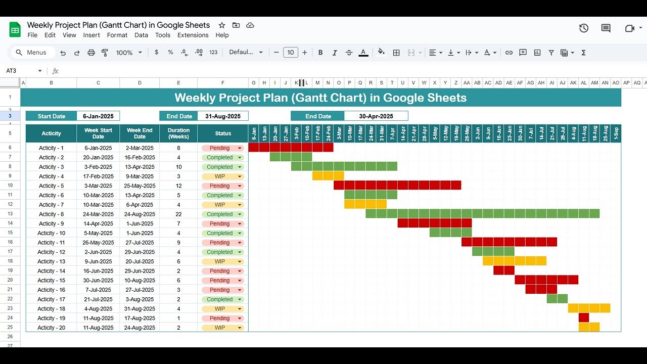 Weekly Project Plan (Gantt Chart) in Google Sheets | Step by Step tutorial