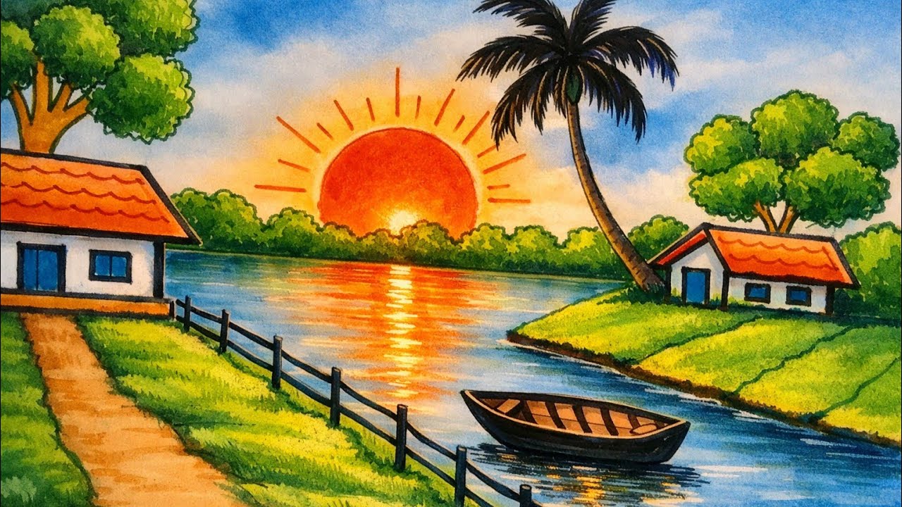 গ্রাম বাংলার সূর্যাস্ত দৃশ্য আঁকার সহজ উপায় | Easy way to draw a sunset scene in rural Bengal
