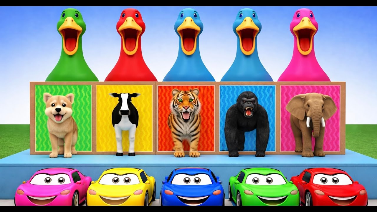 Long slide game with cow elephant gorilla hippotamous tiger 3d animal game funny 3d animal