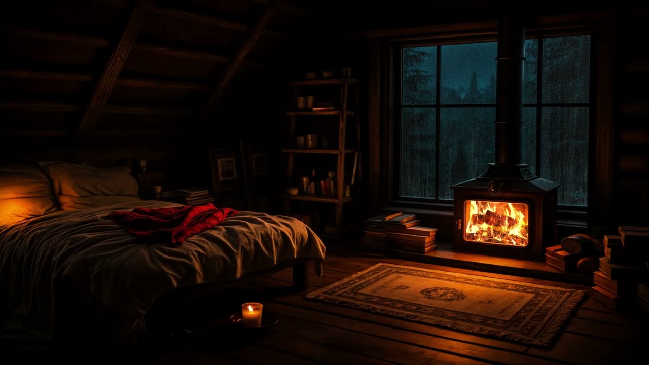 **Deep Sleep in a Cozy Cabin 🌧️ Fireplace Crackling & Rain Sounds | Relaxing Night Ambience**