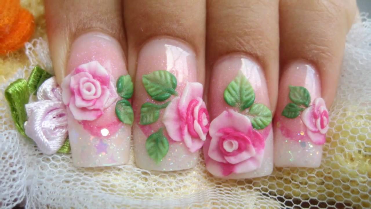 How to make pink 3D acrylic roses cute glitter nails kawaii