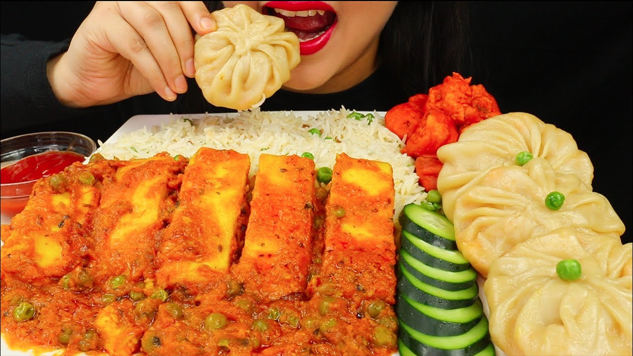 ASMR EATING MATAR PANEER,MATAR PULAO,VEG MOMO,GOBI PAKORA*ASMR MUKBANG EATING SHOW*