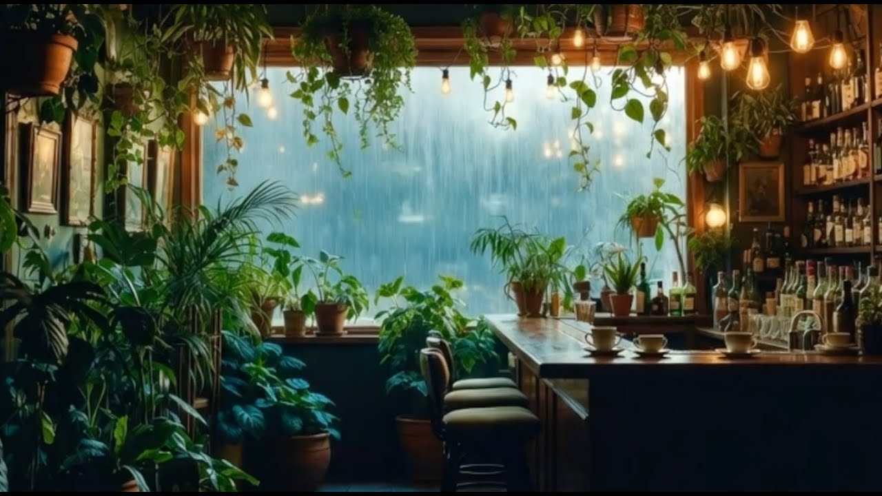 Rainy Green Coffee Shop Ambience ☕ Cozy Tea Place  [ ASMR Study & Relax ]