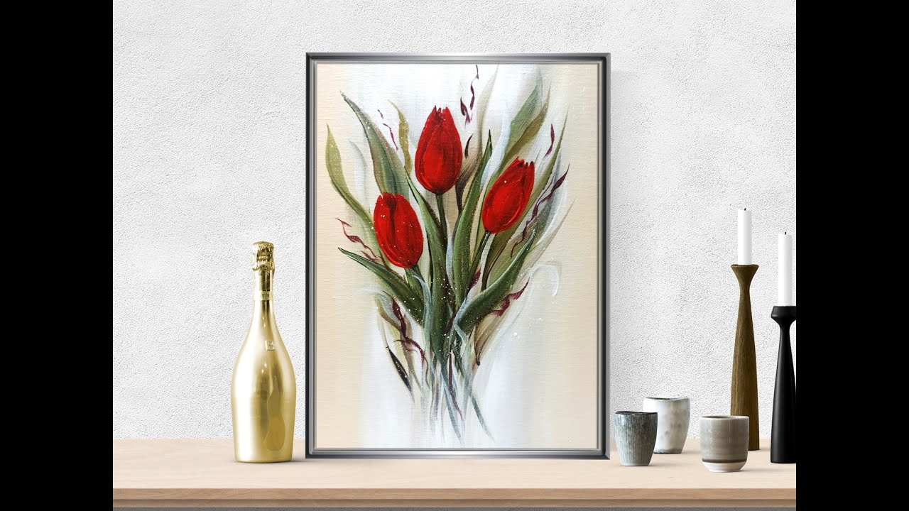 Red Tulips,  Acrylic Painting, Flowers, Acrylic Spray, Oblique Brush / Rote Tulpen malen, V436