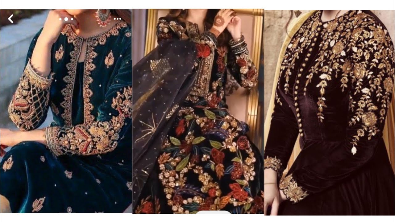 stylish velvet dress design 2022- 2023 embroidery gotta and mirror work, latest velvet frocks kurti
