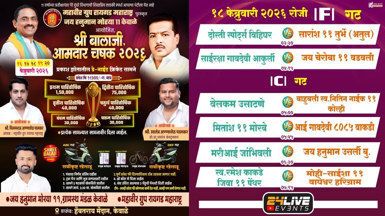 महावीर ग्रुप रायगड महाराष्ट्र पुरस्कृत जय हनुमान मोरया 11 केवाळे आयोजित श्री बालाजी चषक २०२६