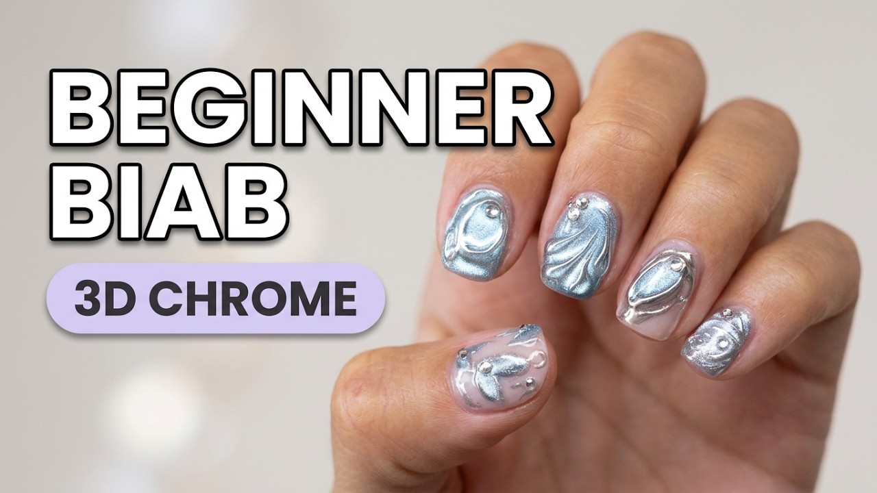 Blue Chrome & Rhinestone Nails | BIAB Short Nail Tutorial for Beginners