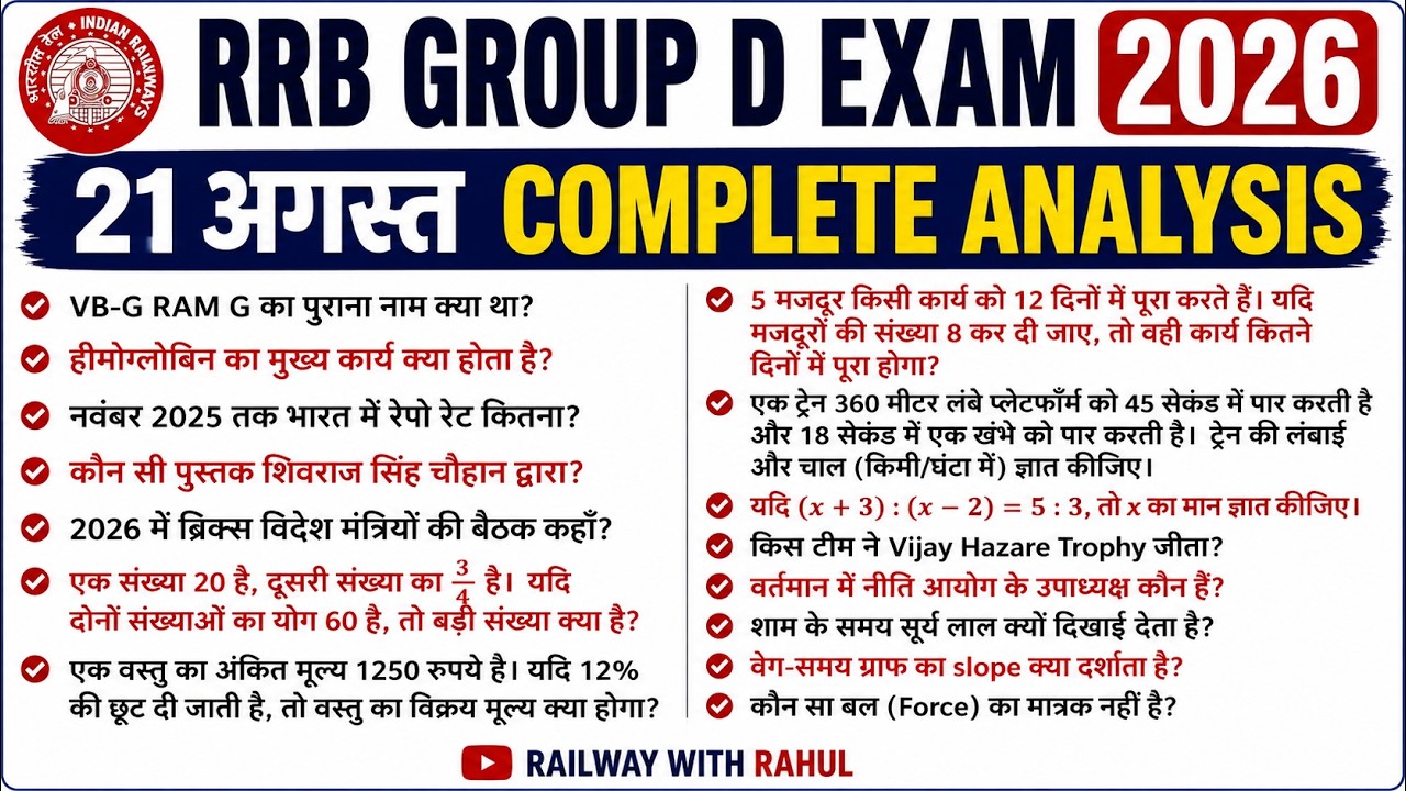 RRB GROUP D 2026 | 21 ALL August  QUESTIONS | Exam Review & Analysis | Railway Group D