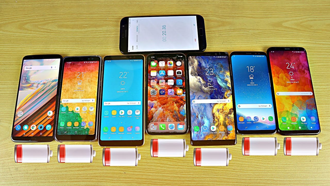 Samsung Galaxy A8 2018 vs iPhone X vs S8 vs Note 8 vs OnePlus 5T - Battery Drain Test!