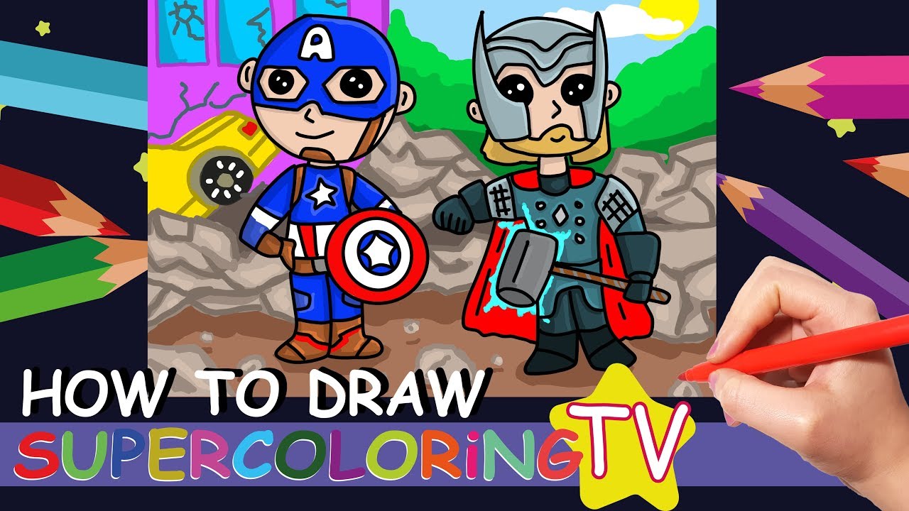 How to Draw Superheroes for Kids, Avengers Captain America and Thor Simple Drawing and Coloring