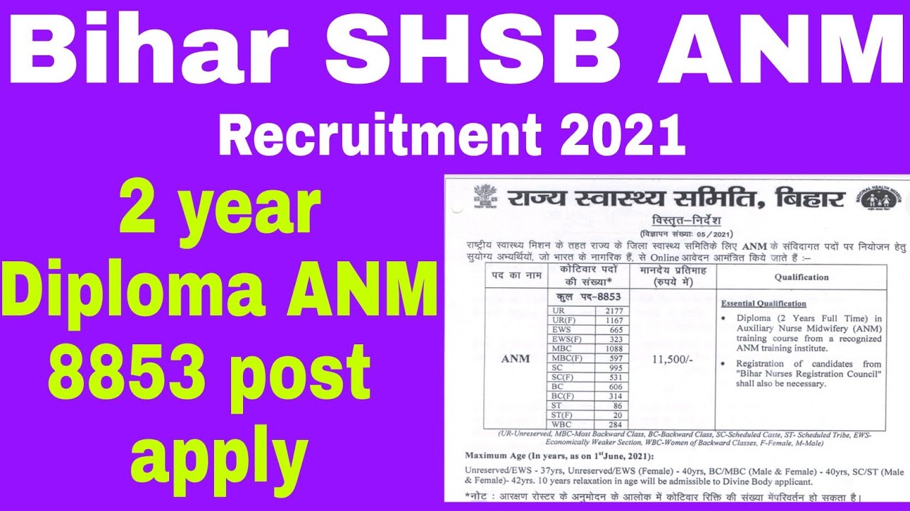 Bihar SHSB ANM Recruitment 2021| Bihar Saatha Vibhag State Health Society vacancy| ANM vacancy 2021