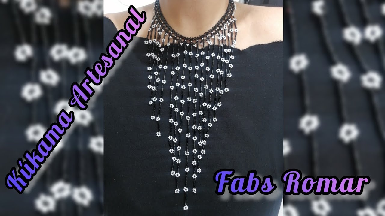 collar de chaquira cascada de flores blanco y negro 💮💮💮💮