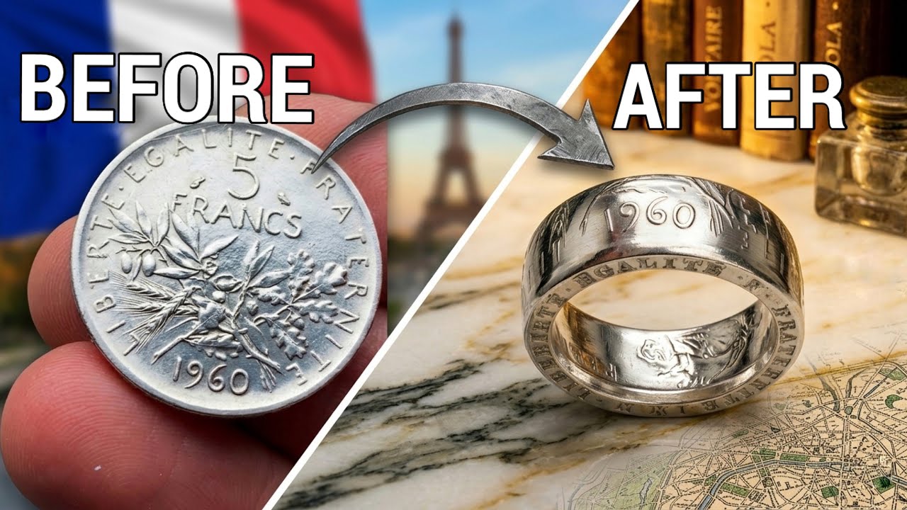 French Coin Ring. Silver 5 Francs 1960 coin into a ring. 