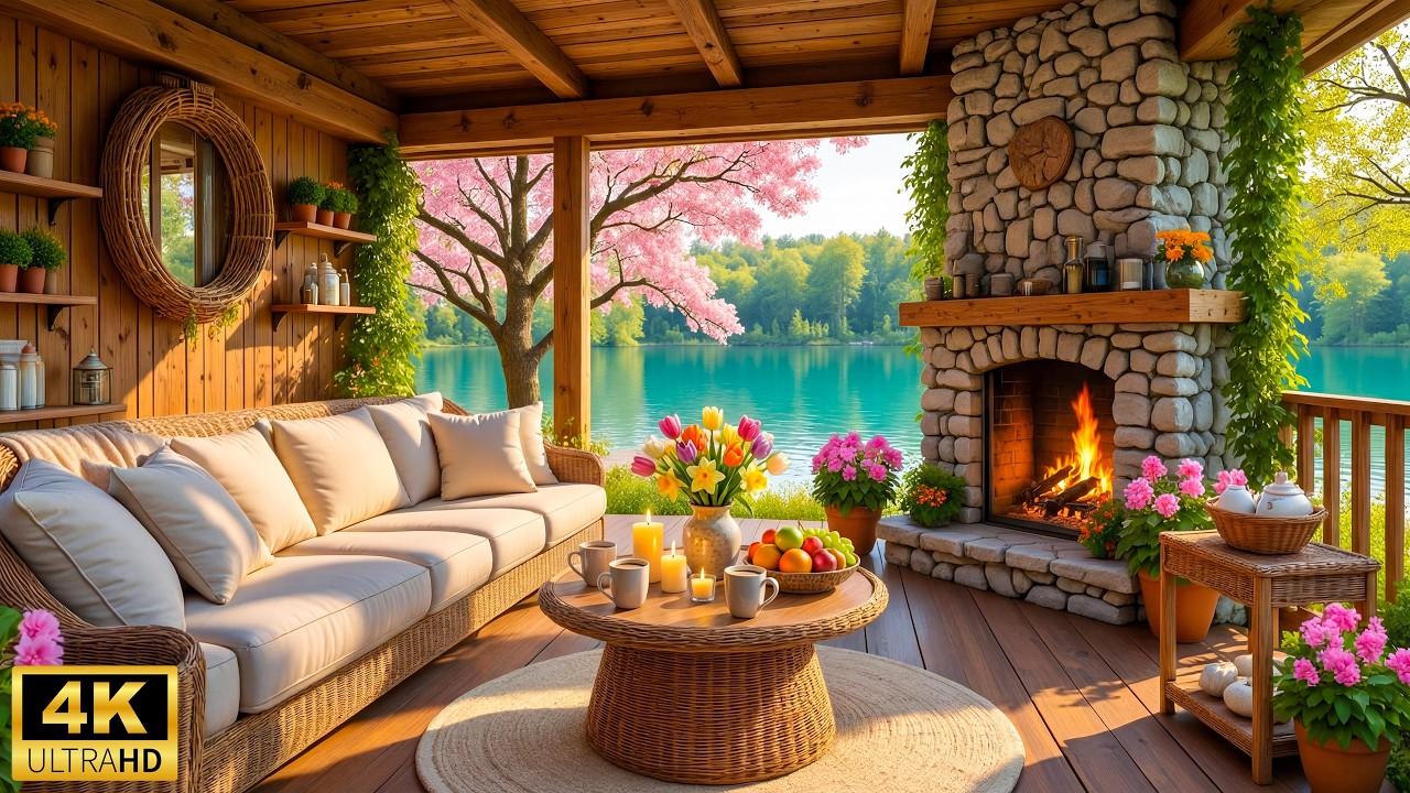 Cozy Spring Ambiecne 🌺 Soothing Piano Music & Fireplace Sounds for Calm & Focus