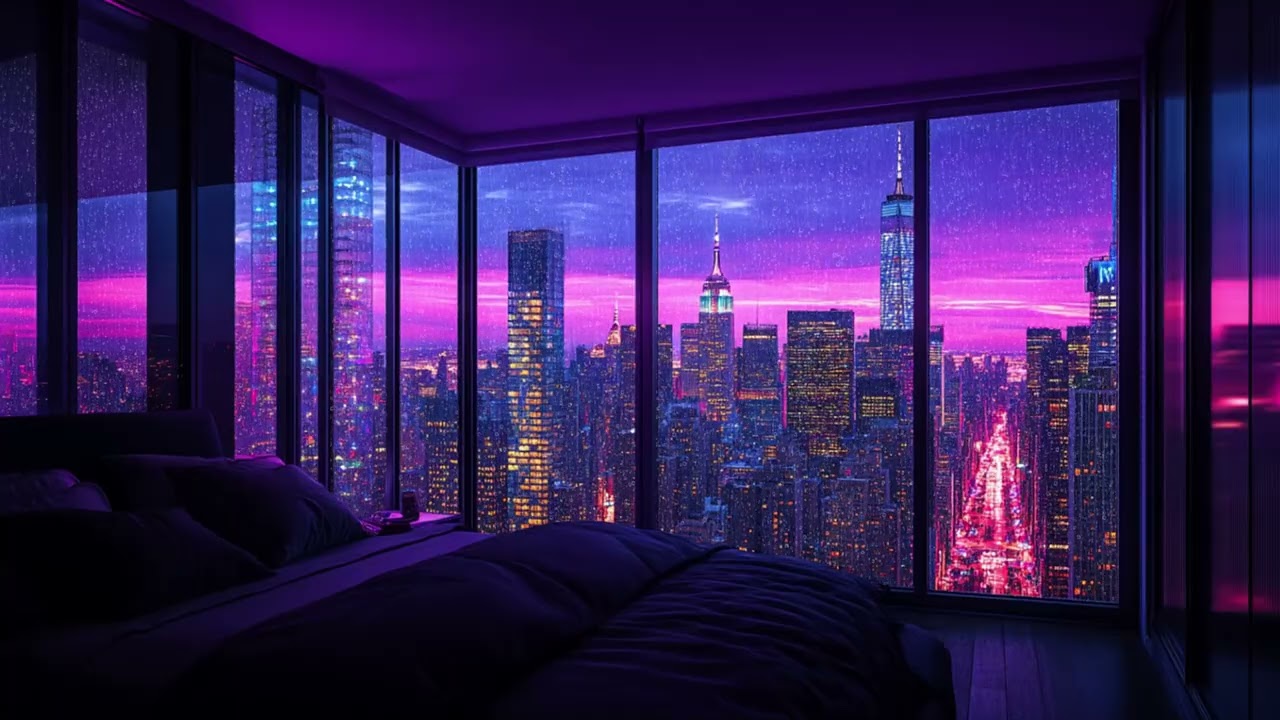 Rain Outside a Panoramic City Bedroom | Vibrant Evening Skyline Glow | Sleep Relaxation